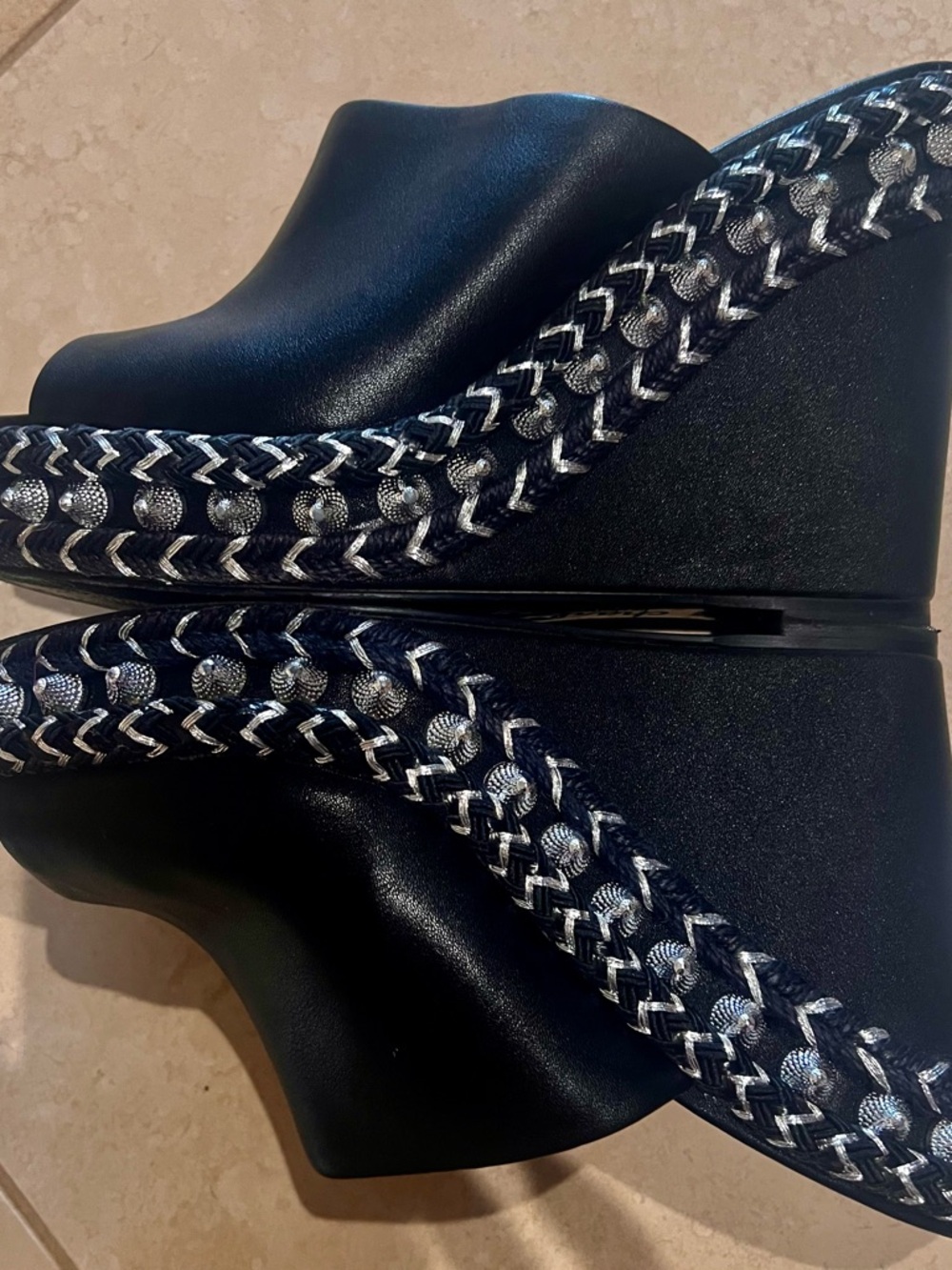 Charles David Black Wedge Mules with Silver Braided Trim -